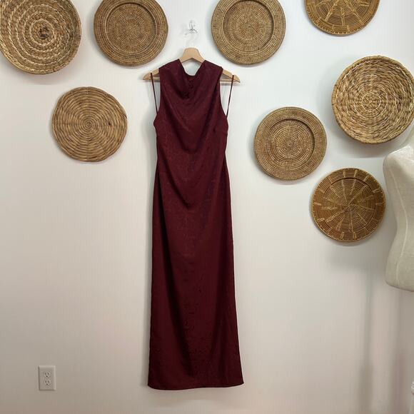 Fame & Partners Wine Red Rose Flower Floral High Neck Tie Chrisley Maxi Dress 4 - Picture 1 of 8